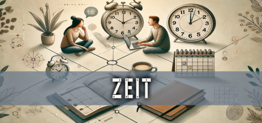 Illustration zeigt Balance zwischen Produktivität und sozialer Interaktion: Laptop, Planer und Uhr auf der einen Seite; Kaffee, Buch und zwei Menschen im Gespräch auf der anderen. Verbindung durch sanfte Linien im Hintergrund, die Harmonie und Ausgewogenheit darstellen.