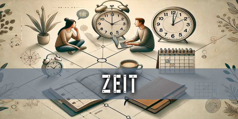 Illustration zeigt Balance zwischen Produktivität und sozialer Interaktion: Laptop, Planer und Uhr auf der einen Seite; Kaffee, Buch und zwei Menschen im Gespräch auf der anderen. Verbindung durch sanfte Linien im Hintergrund, die Harmonie und Ausgewogenheit darstellen.